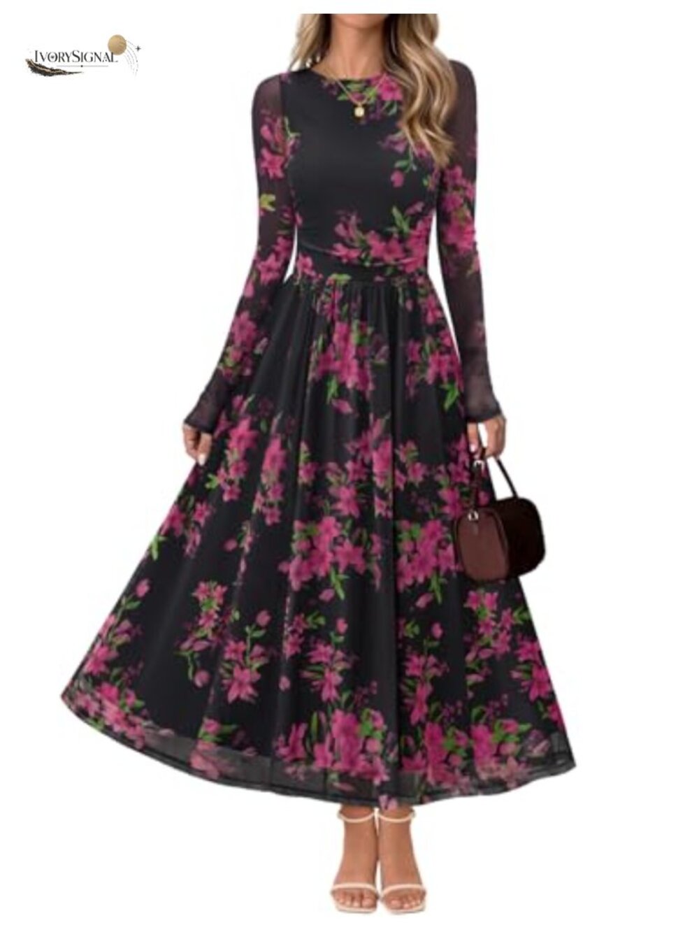 MEROKEETY Women's Fall Wedding Guest Cocktail Long Sleeve Floral Maxi Dress